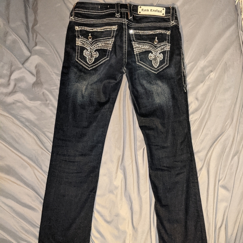 Rock Revival Yui Straight Leg Dark Wash Blue Denim Jeans Sz 28 (measures 30x31) - Picture 9 of 9